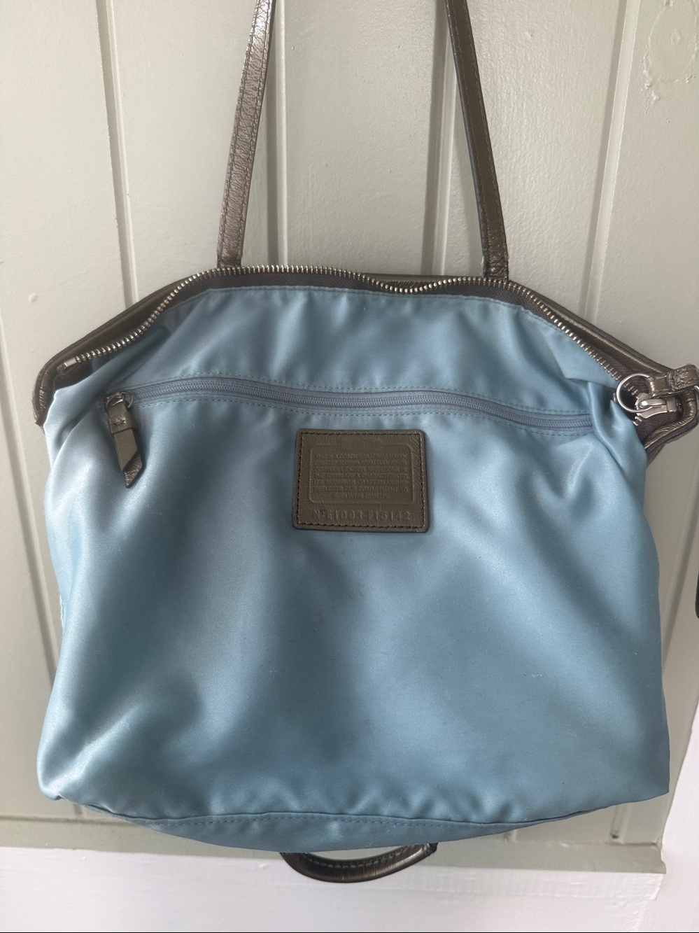 COACH Parker Metallic Leather Tote Olive Bronze Silver Hardware Blue Satin Bag - Picture 11 of 13